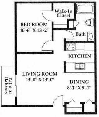 Floor plan for 1 bed, 1 bath, 660 sqft